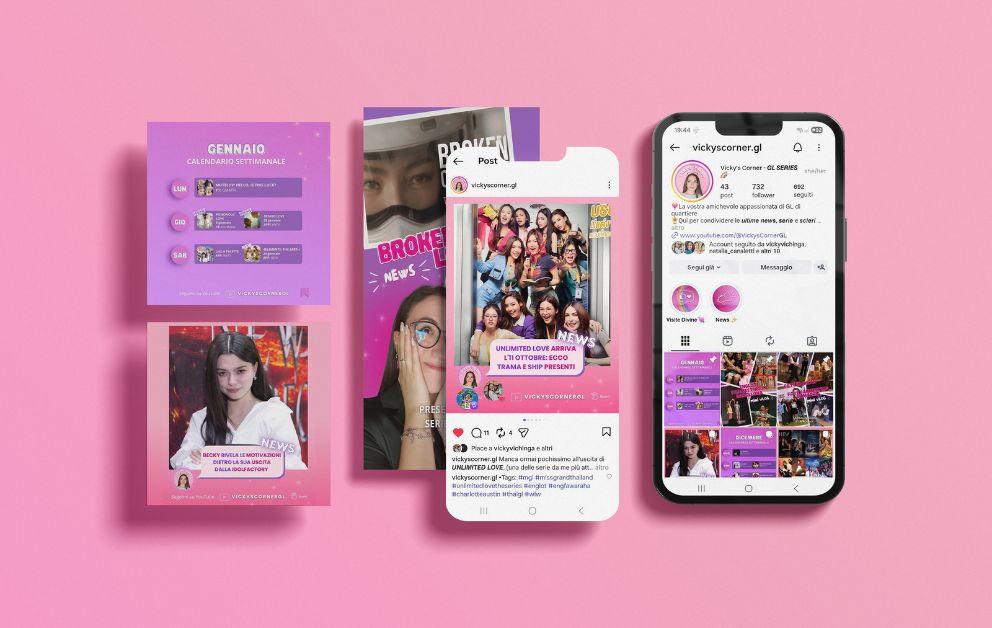 Mock-up profilo Instagram “Vicky’s Corner” con feed, post e stories a palette rosa/lilla; social media design di Natalia Canaletti