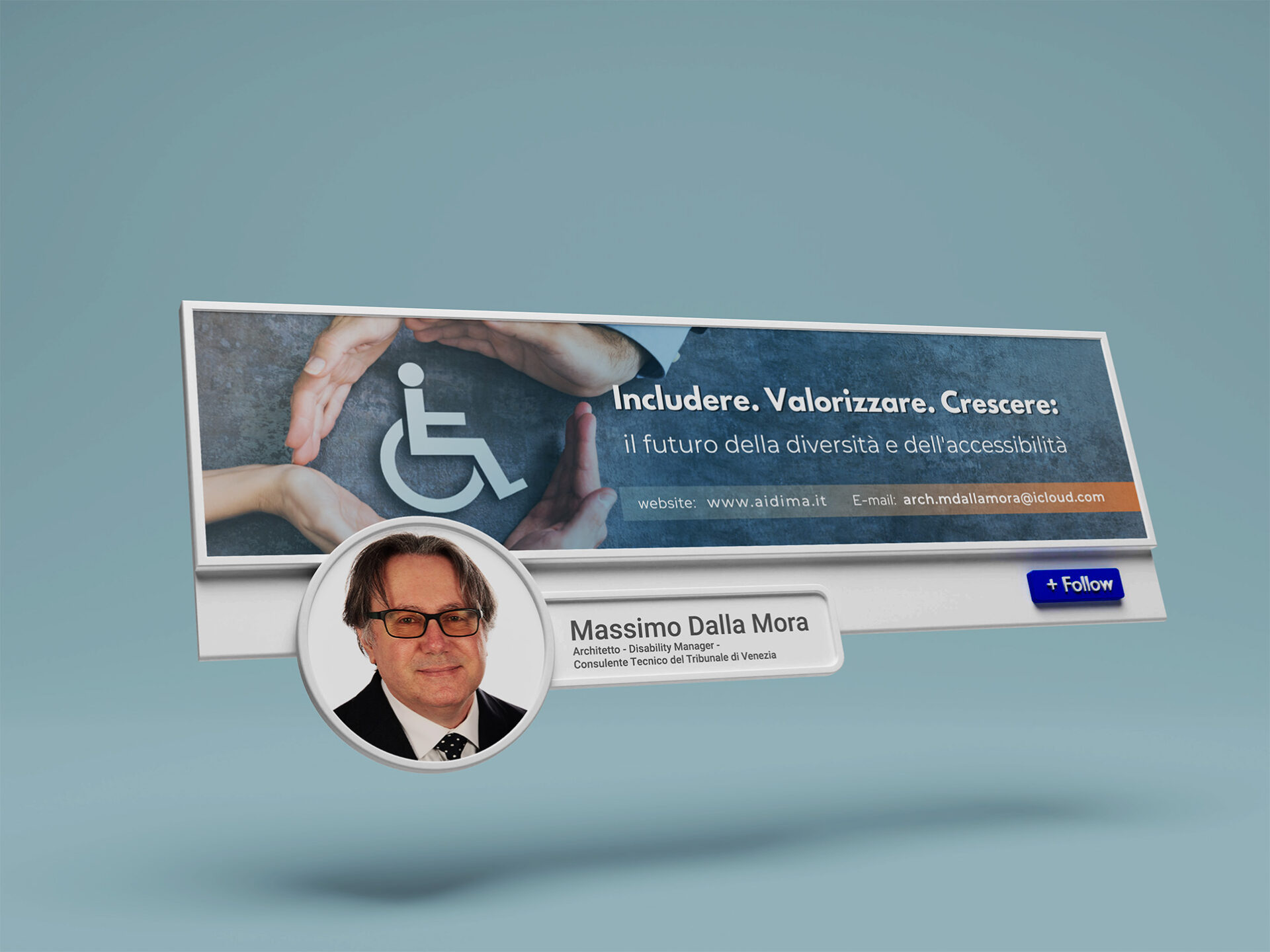 Mock-up cover LinkedIn con banner inclusione & accessibilità e ritratto professionista, design di Natalia Canaletti