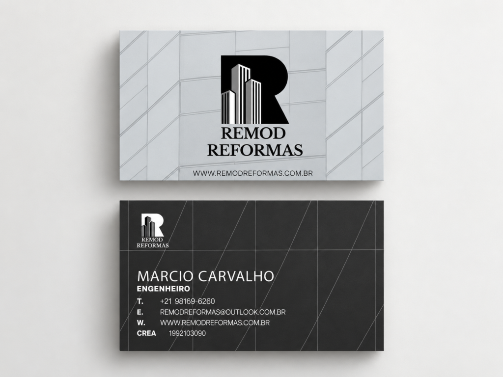 Mockup fronte e retro del biglietto da visita professionale realizzato per Remod Reformas, impresa di ristrutturazioni a Rio de Janeiro.