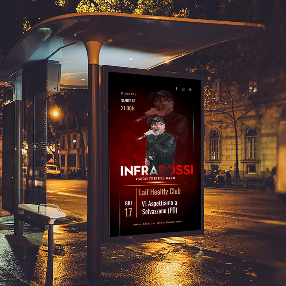 Mockup di cartellone pubblicitario su pensilina bus notturna con locandina InfraRossi – Vasco Rossi Tribute Band al Laif Healthy Club di Selvazzano (PD) il 17 giugno.