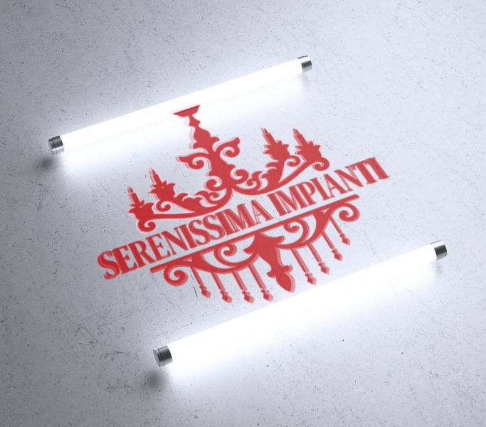 Logo rosso “Serenissima Impianti” a forma di lampadario veneziano, proiettato tra due tubi neon su fondo cemento; brand design di Natalia Canaletti