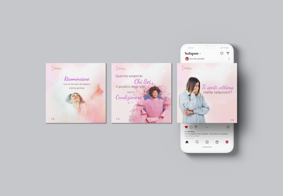 Mockup di tre post social Instagram per Silvia Bonaldi Life Coach: grafiche rosa con frasi motivazionali e smartphone con feed in evidenza.