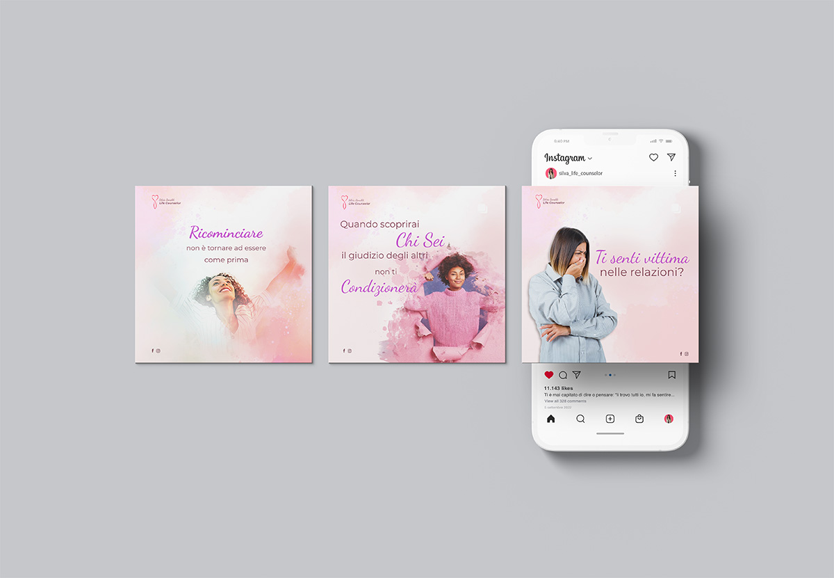 Mockup di tre post social Instagram per Silvia Bonaldi Life Coach: grafiche rosa con frasi motivazionali e smartphone con feed in evidenza.
