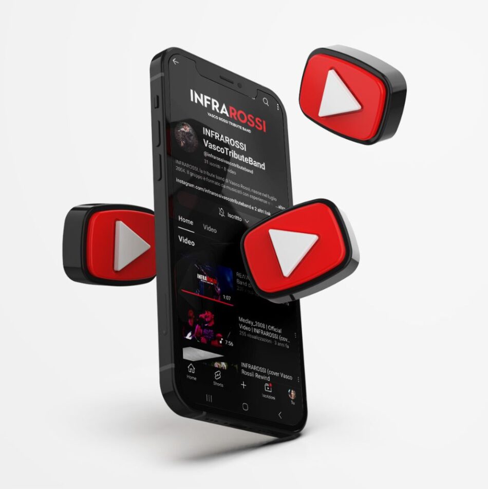 Mockup di smartphone con interfaccia YouTube di InfraRossi – Vasco Rossi Tribute Band e icone play 3D fluttuanti, progettato da Natalia web graphic designer.