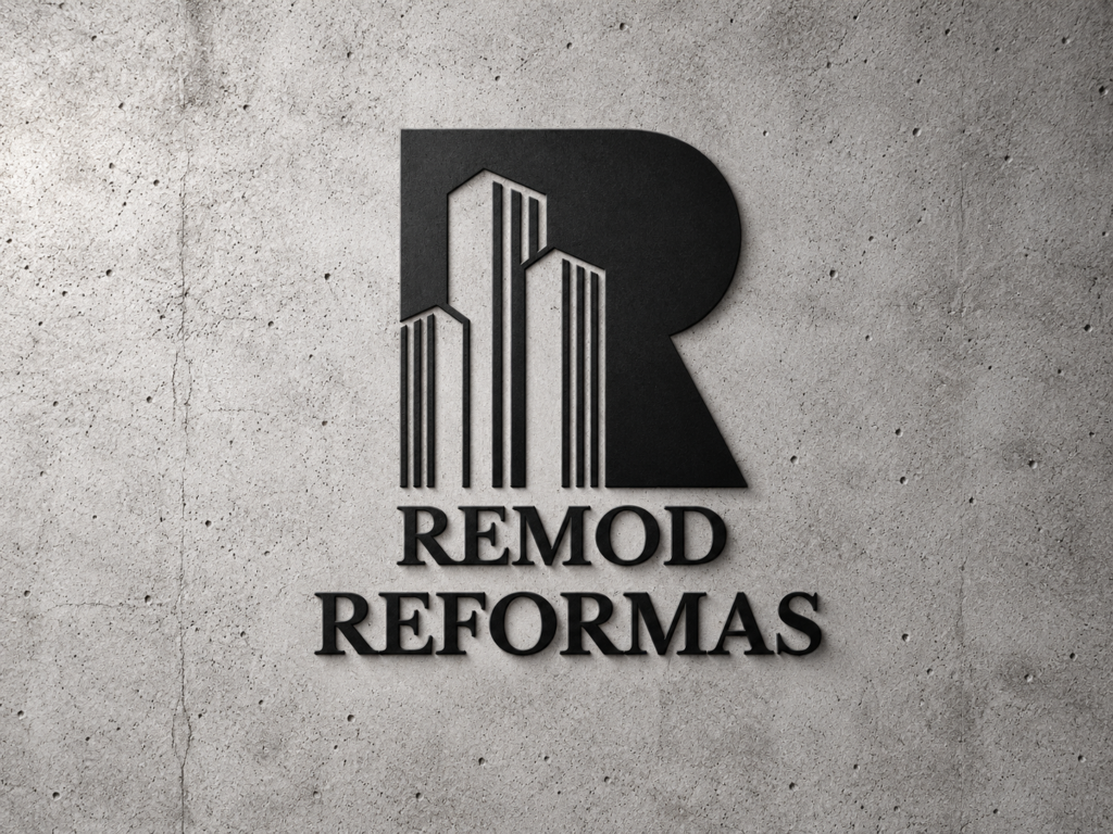 Logo REMOD Reformas applicato su parete in cemento, progetto di identità visiva e logo design