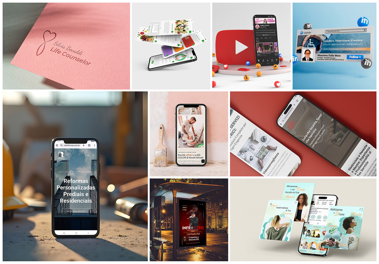 Collage portfolio con mockup di siti responsive, brand identity e grafiche social (YouTube, Instagram, LinkedIn, affissione); web & graphic design di Natalia Canaletti