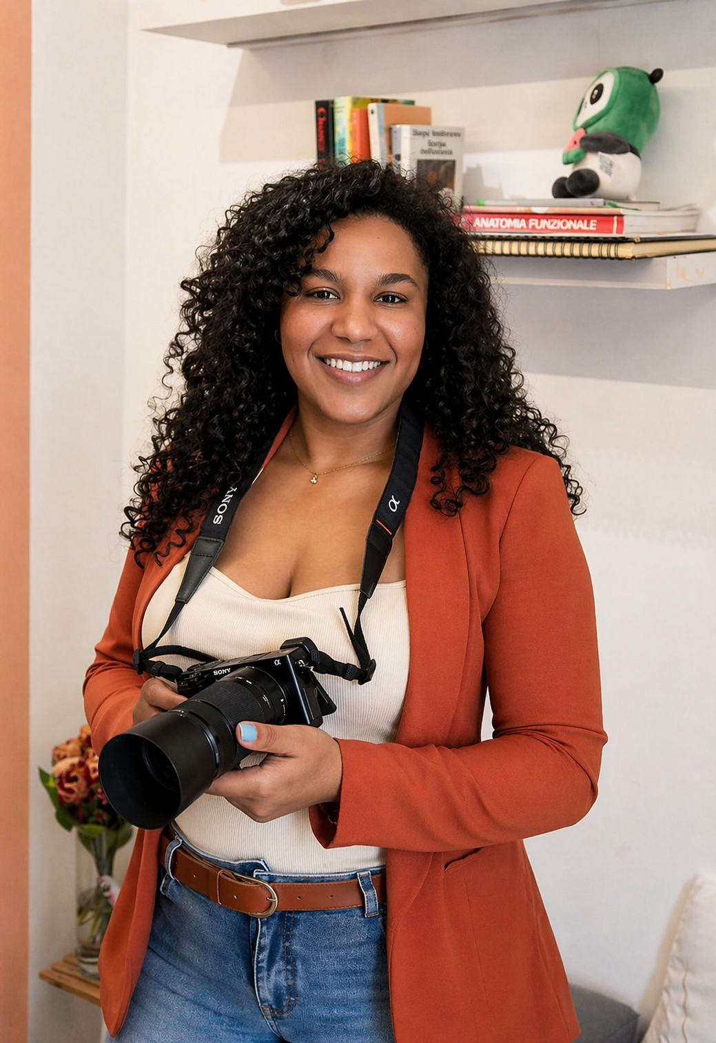 Graphic designer freelance con fotocamera, personal branding e contenuti visivi professionali