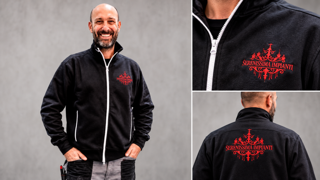 Abbigliamento aziendale Serenissima Impianti con logo applicato su giacca da lavoro