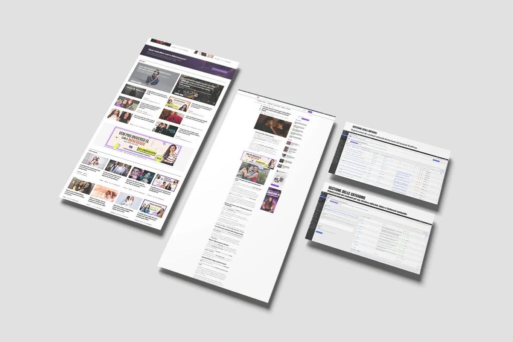 Mockup della gestione articoli e categorie di Manzouque Magazine con frontend e backend WordPress