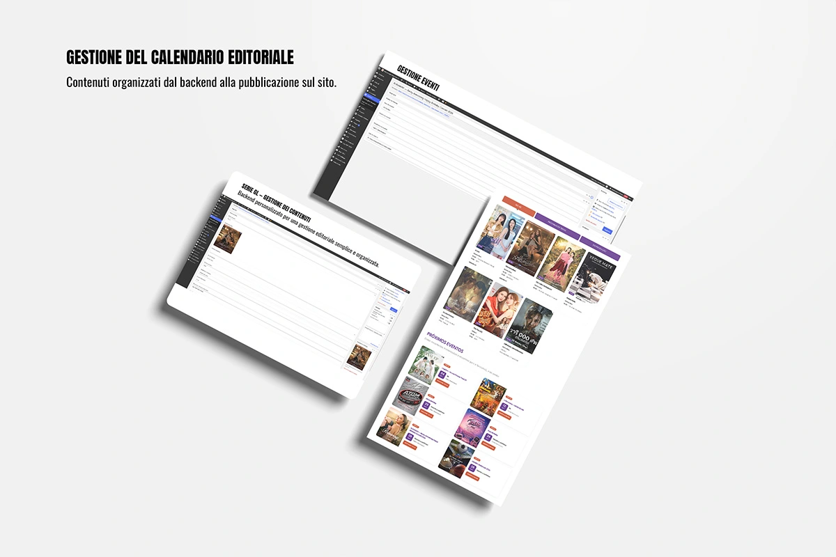 Mockup della gestione del calendario editoriale di Manzouque Magazine su WordPress